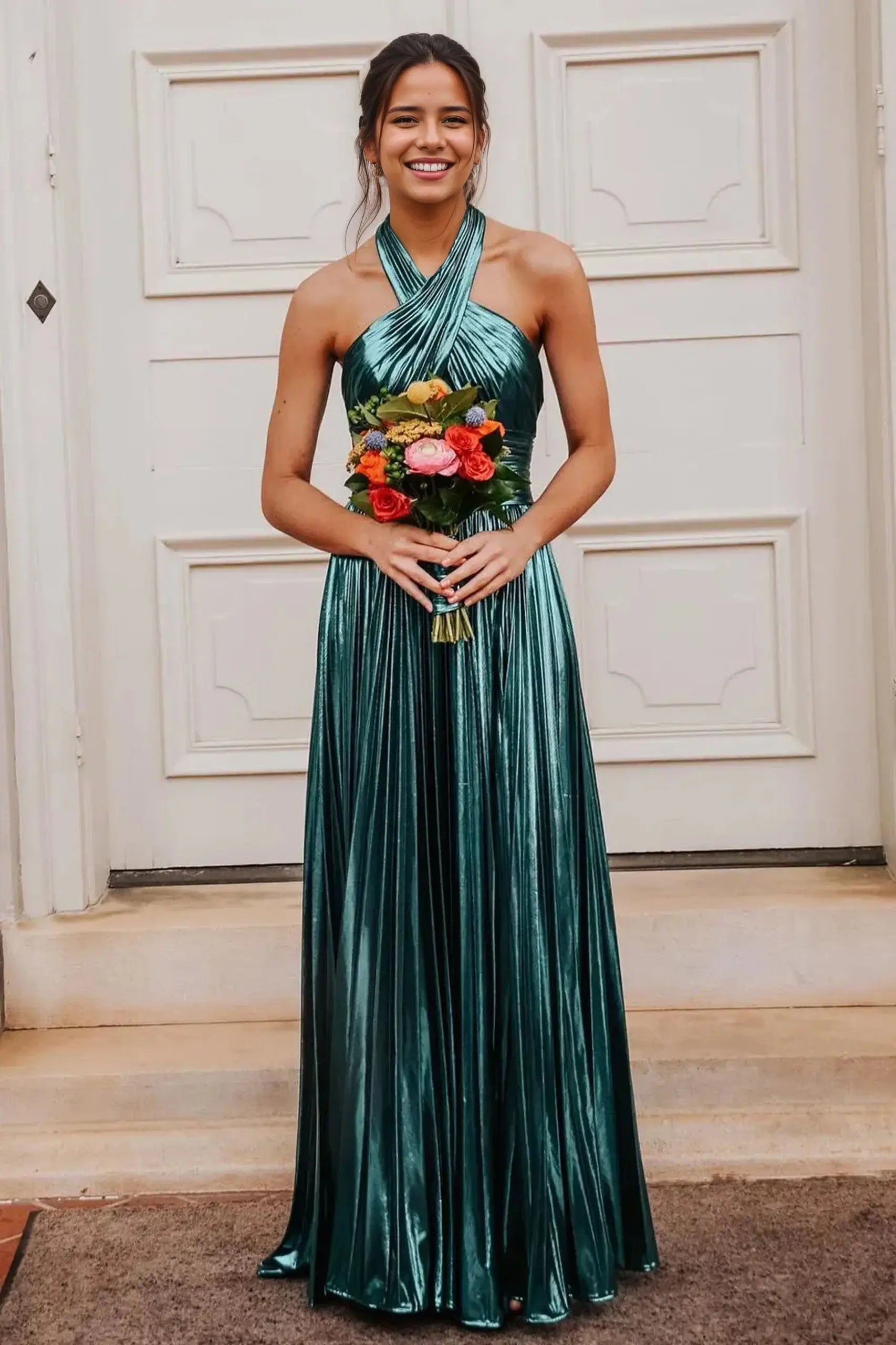 Pleats Green Formal Prom Dresses Long Halter Princess Evening Gowns