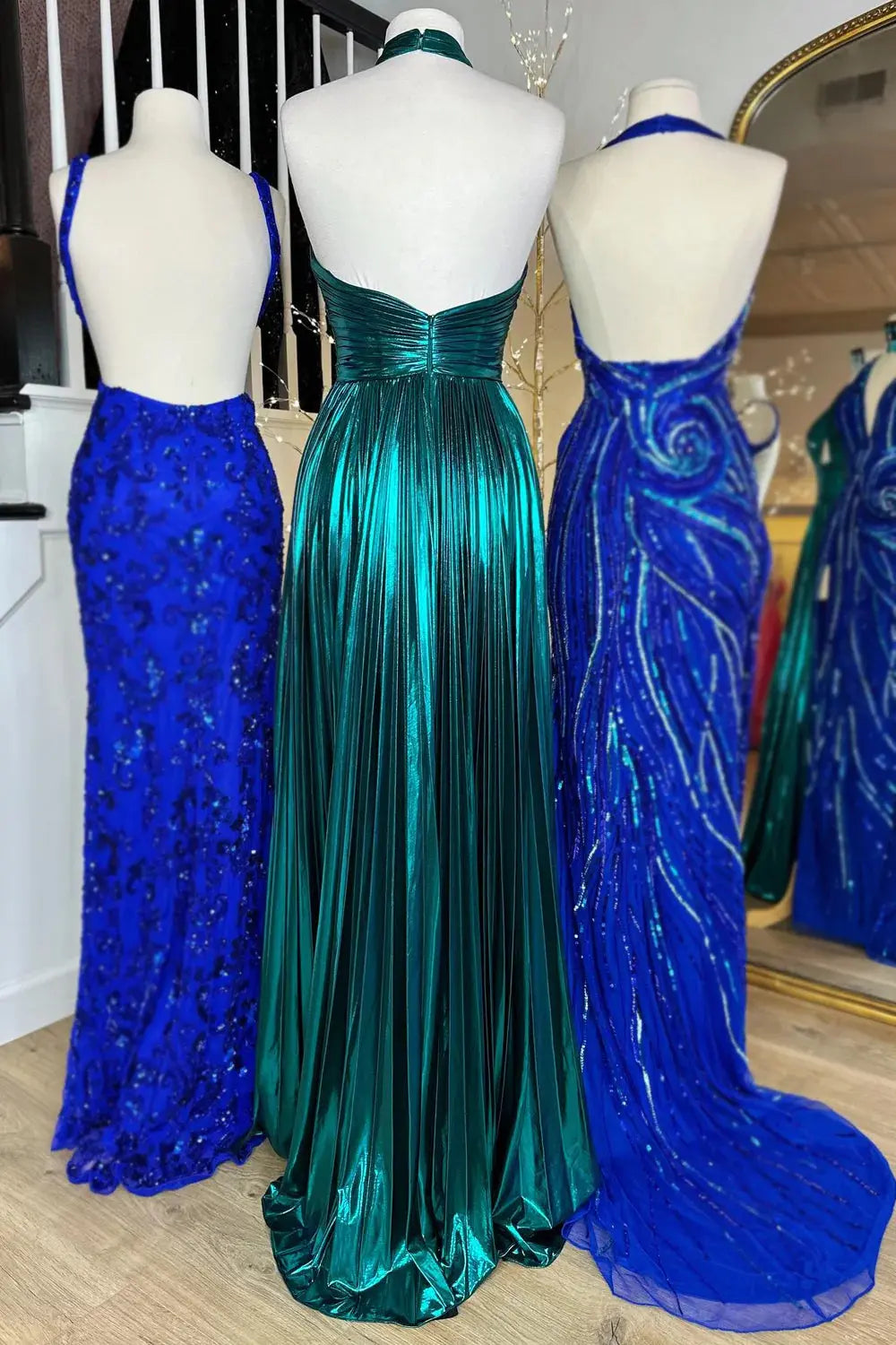 Pleats Green Formal Prom Dresses Long Halter Princess Evening Gowns
