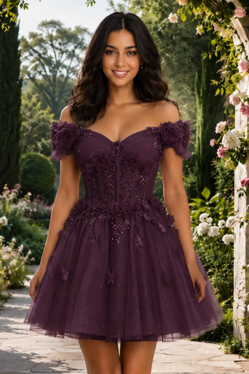 A-line Off-the-Shoulder Tulle Short/Mini Homecoming Dress with Appliqued Flowers Sequins KAIDRESS
