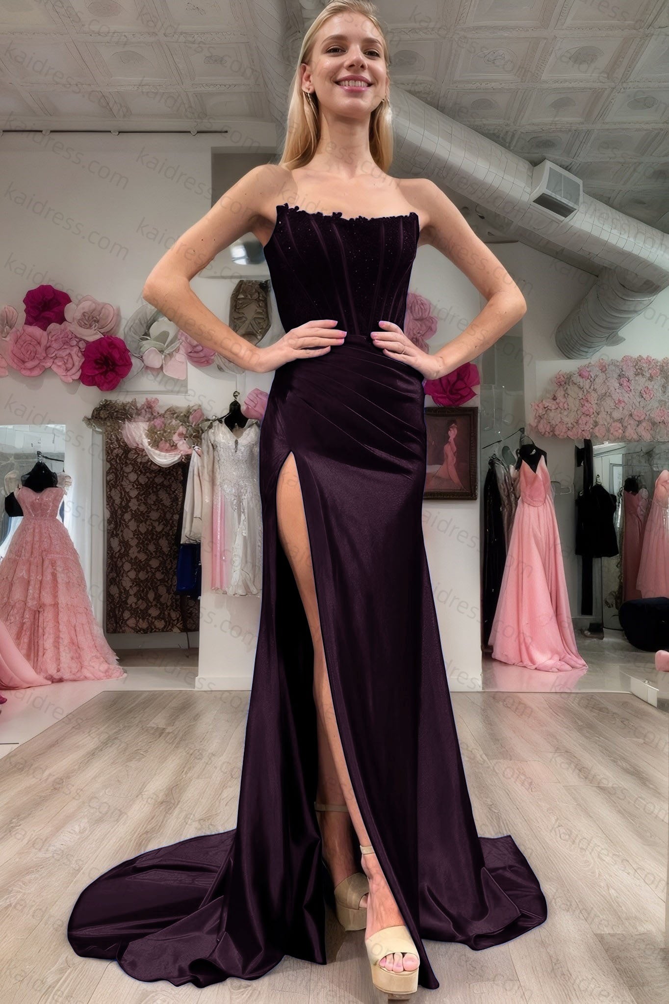 Sheath/Column Elastic Woven Satin Ruched Off-the-Shoulder Sleeveless Sweep/Brush Train Prom Dresses