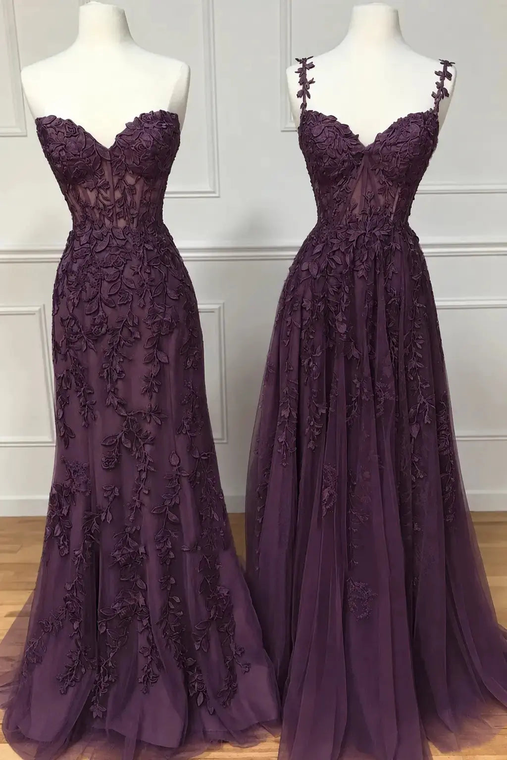 A-line Sweetheart Spaghetti Straps Sweep Train Lace Prom Dress With Beading Kaidress