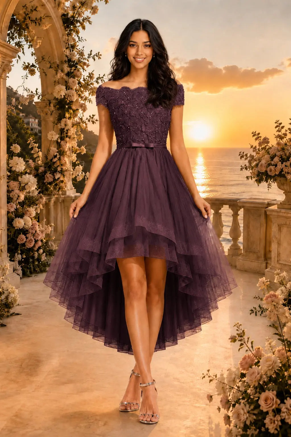 Burgundy Off the Shoulder A Line Strapless Lace Tulle Asymmetrical Dress KAIDRESS