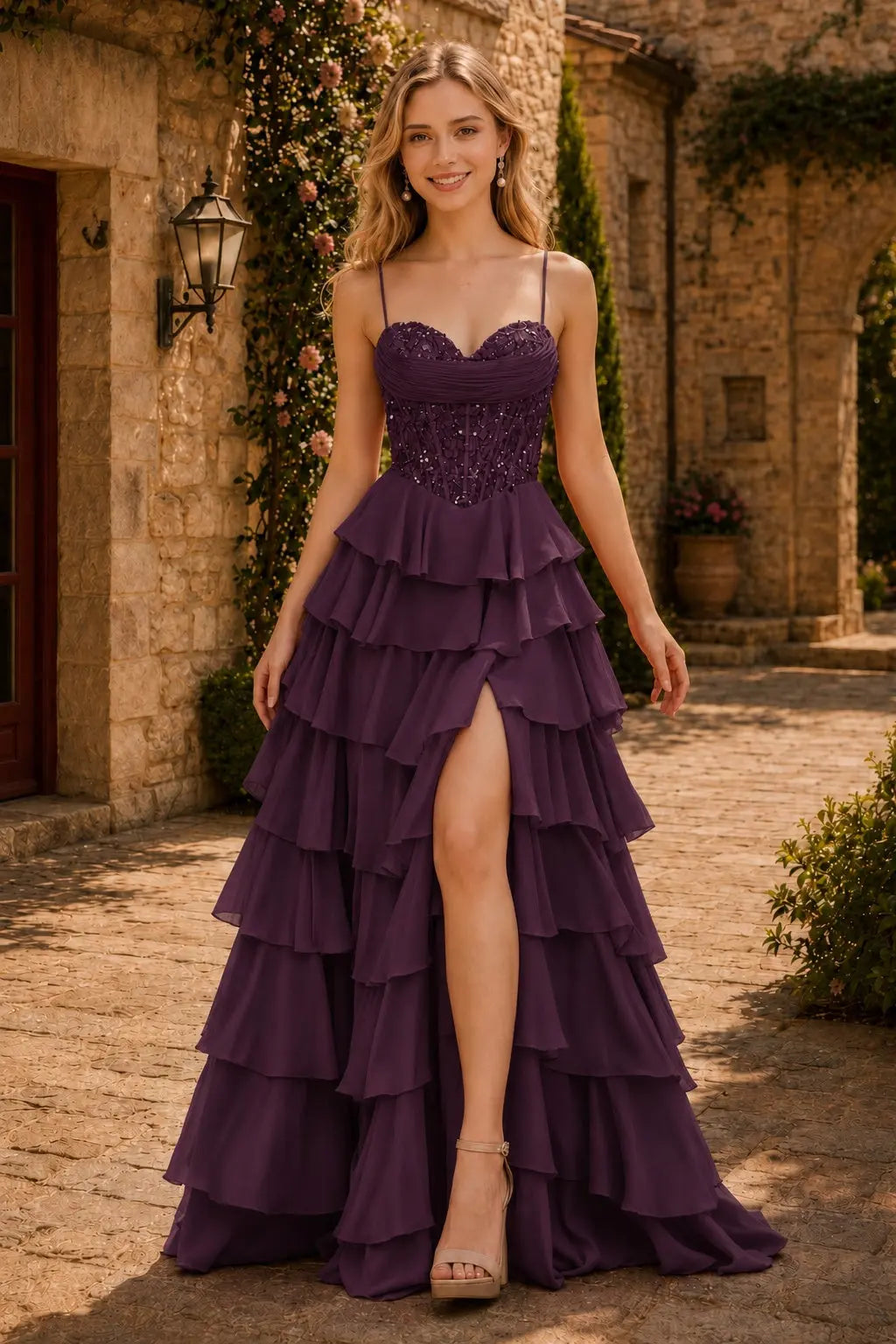 Spaghetti Straps Sweetheart Embellished Corset Chiffon Slit Ruffle Prom Dress with Detachable Straps