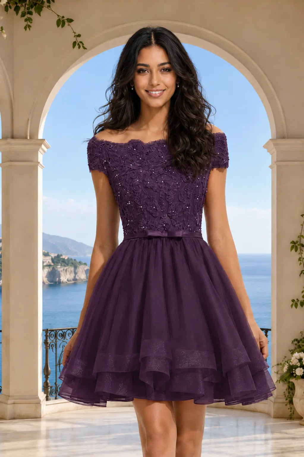 Burgundy Lace Off Shoulder A Line Short Homecoming Dress KAIDRESS