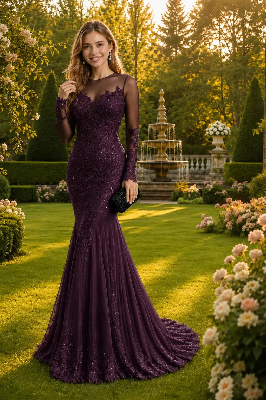 Trumpet/Mermaid Long Sleeves Sheer Neck Sweep/Brush Train Applique Prom Dresses KAIDRESS