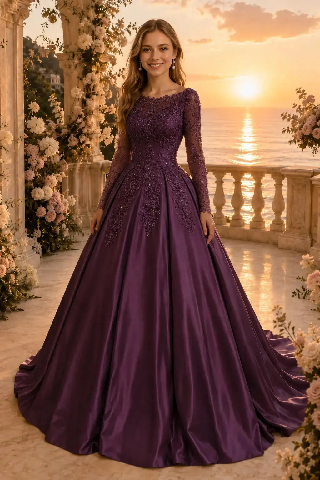 Ball Gown Long Sleeves Off-the-Shoulder Chapel Train Applique Satin Prom Dresses Kaidress