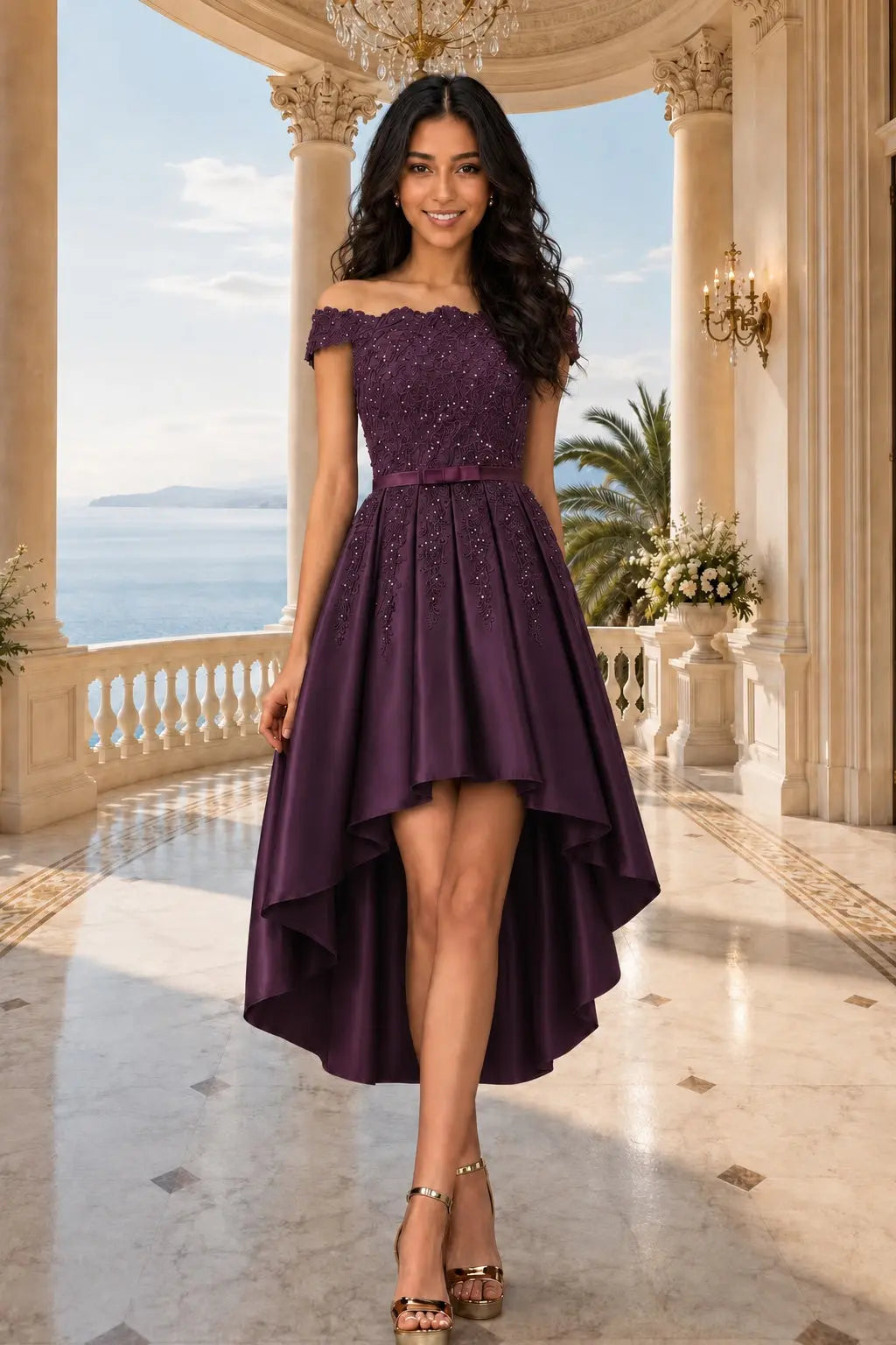 A-line Burgundy Satin Off the Shoulder A Line Strapless Lace Tulle Asymmetrical Dress With Pockets KAIDRESS
