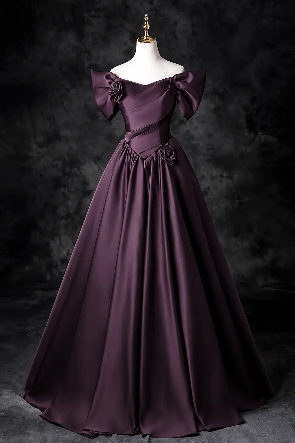 A-Line/Princess Satin Floor Length Formal Prom Dress, Off the Shoulder Prom Gown KAIDRESS