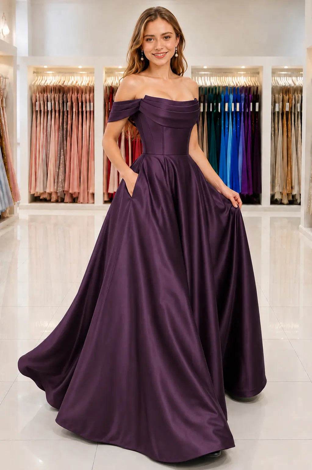 A-Line Satin Long Prom Dress, Simple Off the Shoulder Evening Party Dress With Pockets KAIDRESS