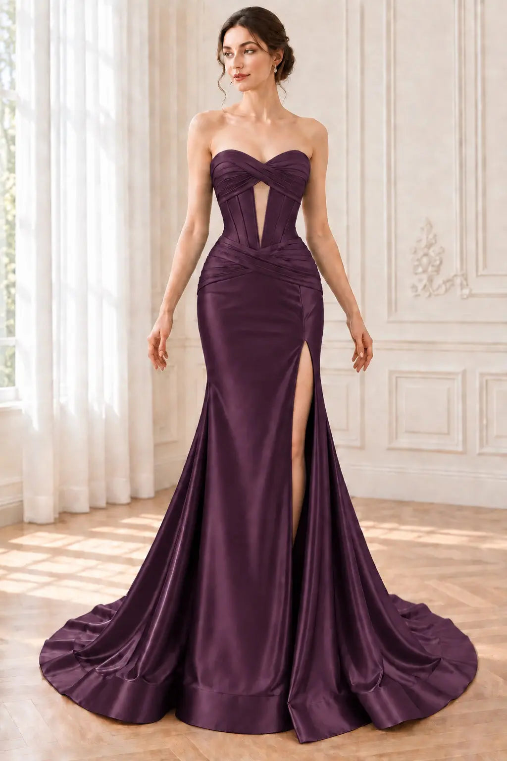 Green Silk Strapless Mermaid Prom Dresses Long Formal Evening Gown with Slit