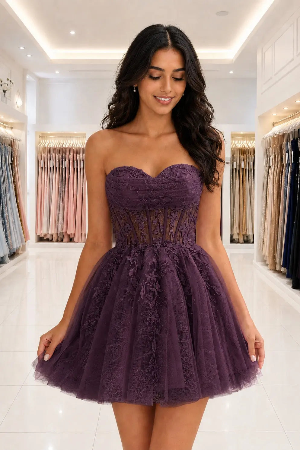 Strapless Beaded Lace Corset A-Line Mini Homecoming Dress KAIDRESS