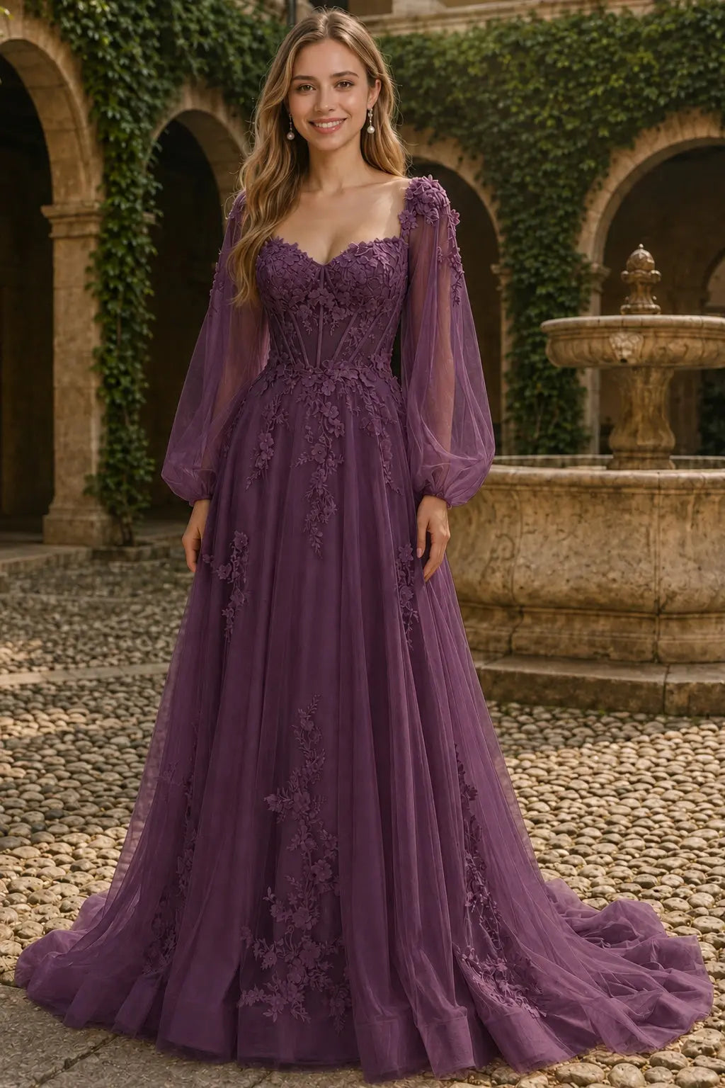 A-line 3D Floral Lace Applique Tulle Long Sleeves Prom Dress