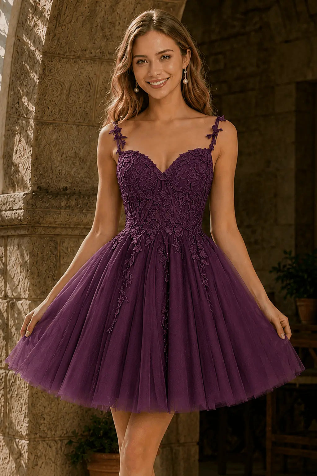 A-line V Neck Short/Mini Tulle Lace Homecoming Dress