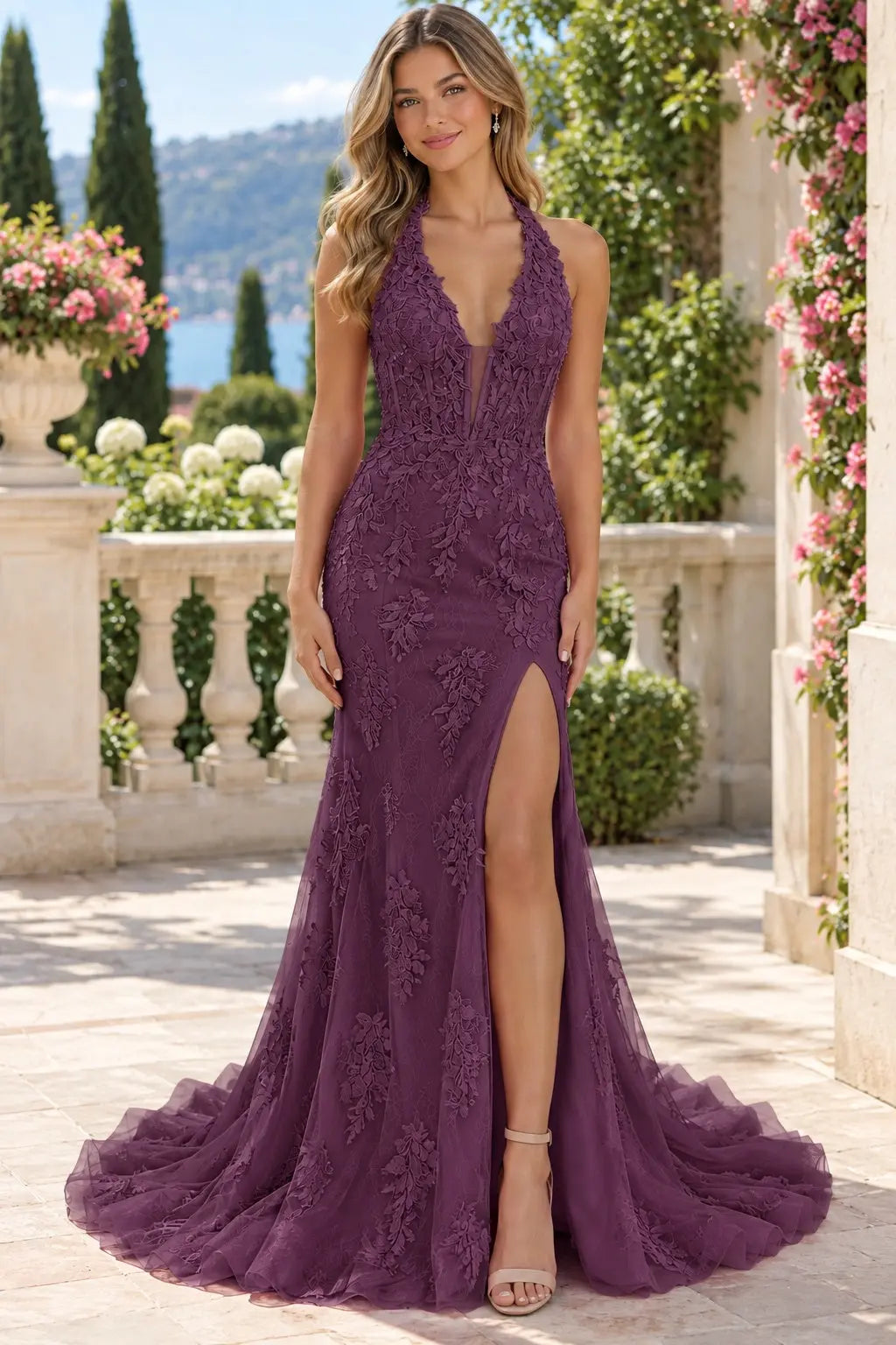 Trumpet/Mermaid V-Neck Tulle Lace Sleeveless Long Prom Dress