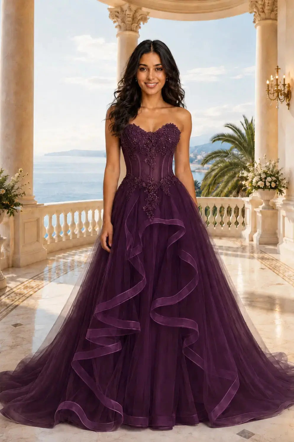 A-line/Princess Sweetheart Sleeveless Sweep Train Tulle Prom Dresses With Beading Appliqued KAIDRESS