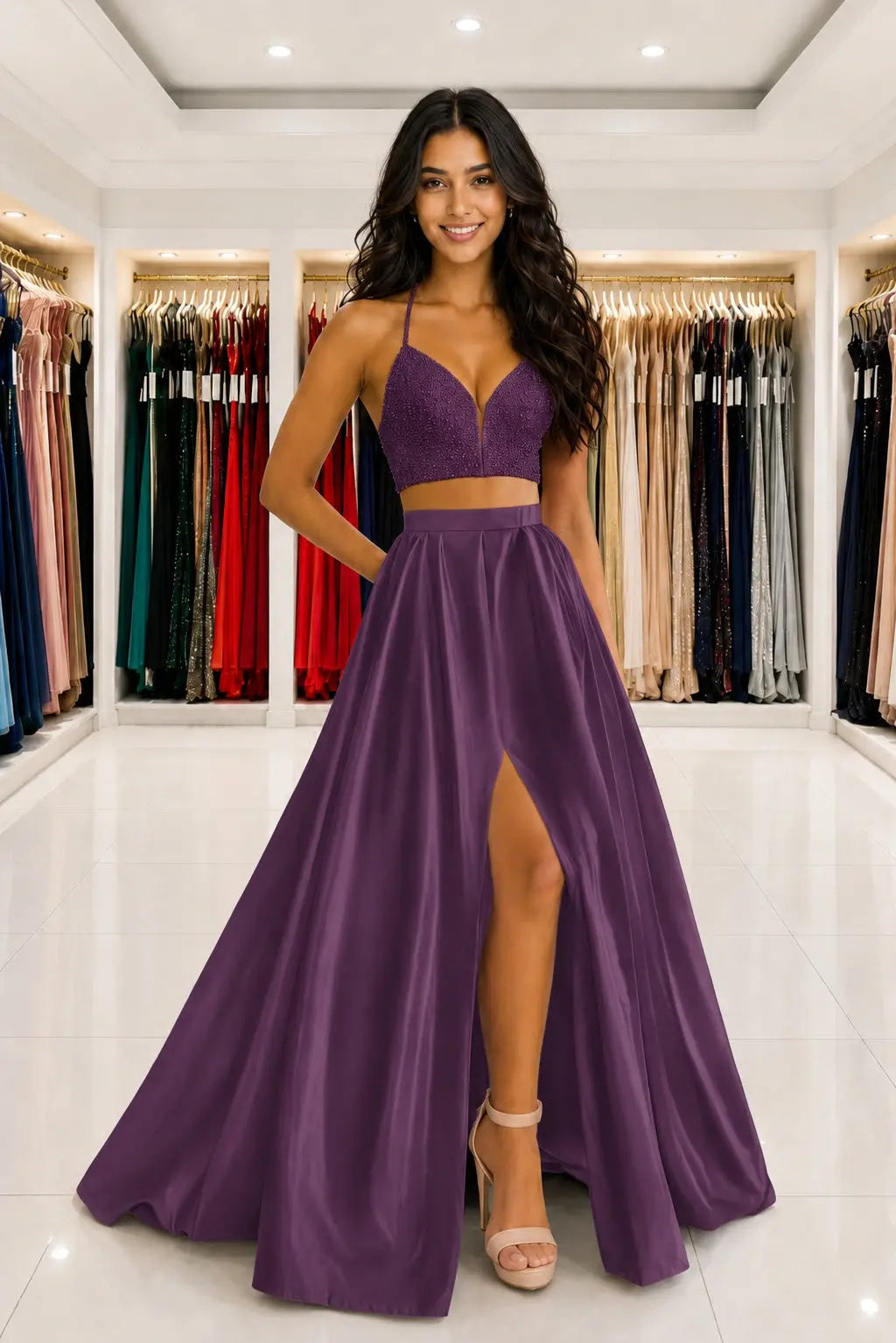 Satin Two Piece Long Modest White Prom Dress Split Formal Evening Gowns Kaidress