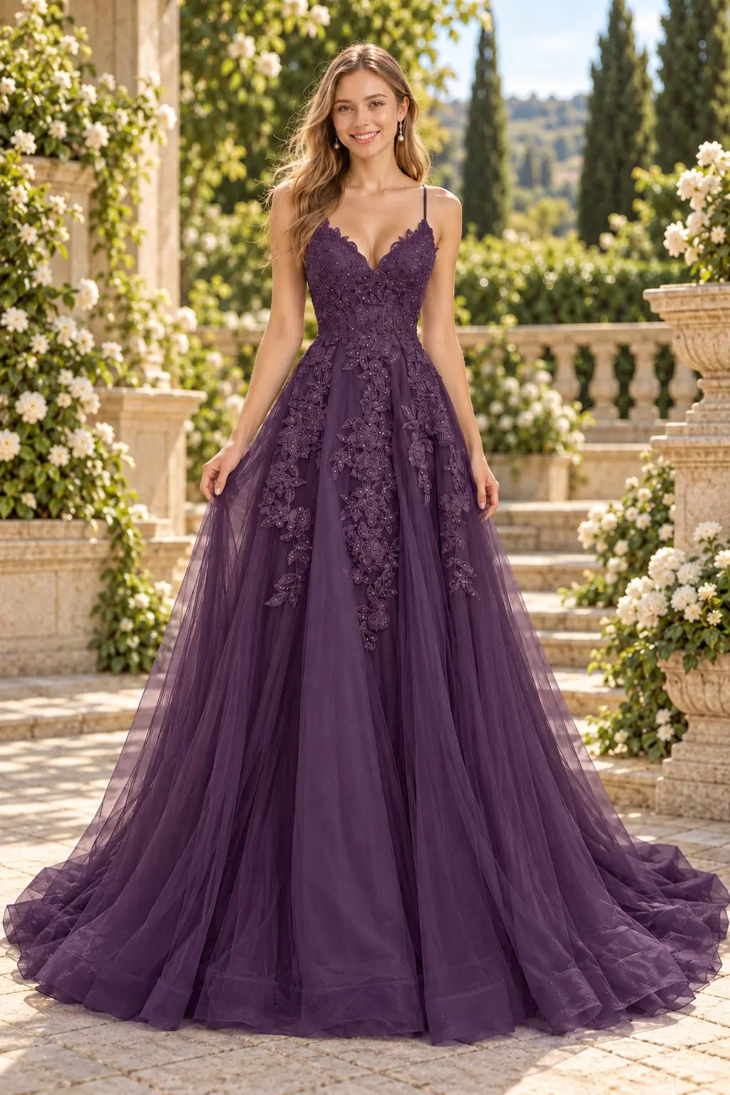 A-line V Neck Spaghetti Straps Sweep Train Tulle Prom Dress With Appliqued