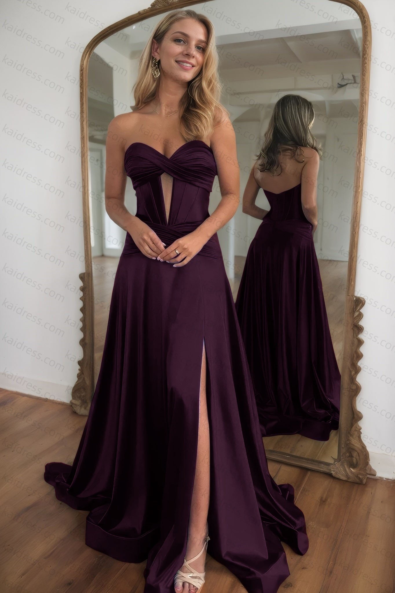 A-line Strapless Silk Long Blue Prom Dresses Elegant Evening Dress