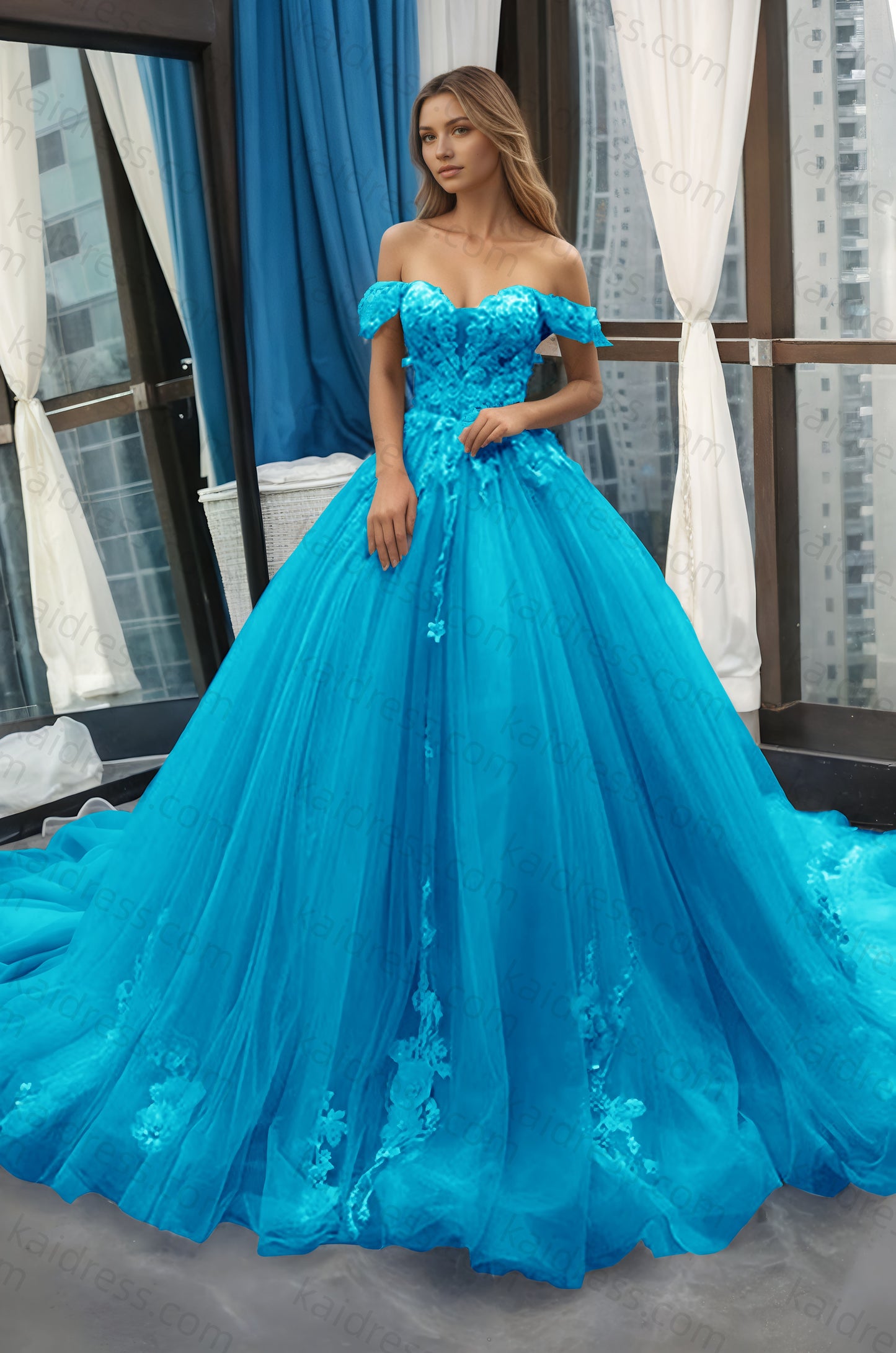 A-Line Off the Shoulder Tulle Applique Long Quinceañera Dresses Blue Formal Prom Dress