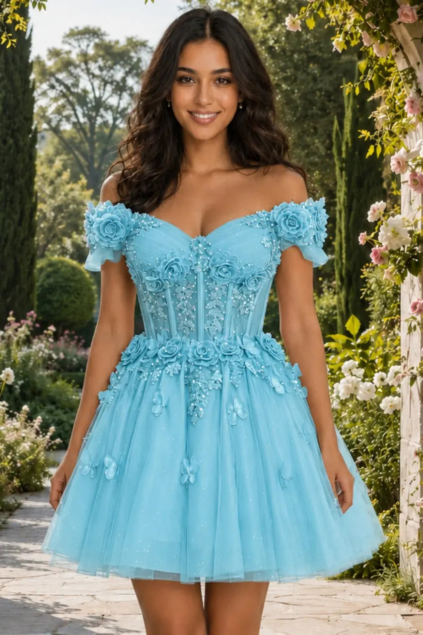 A-line Off-the-Shoulder Tulle Short/Mini Homecoming Dress with Appliqued Flowers Sequins KAIDRESS