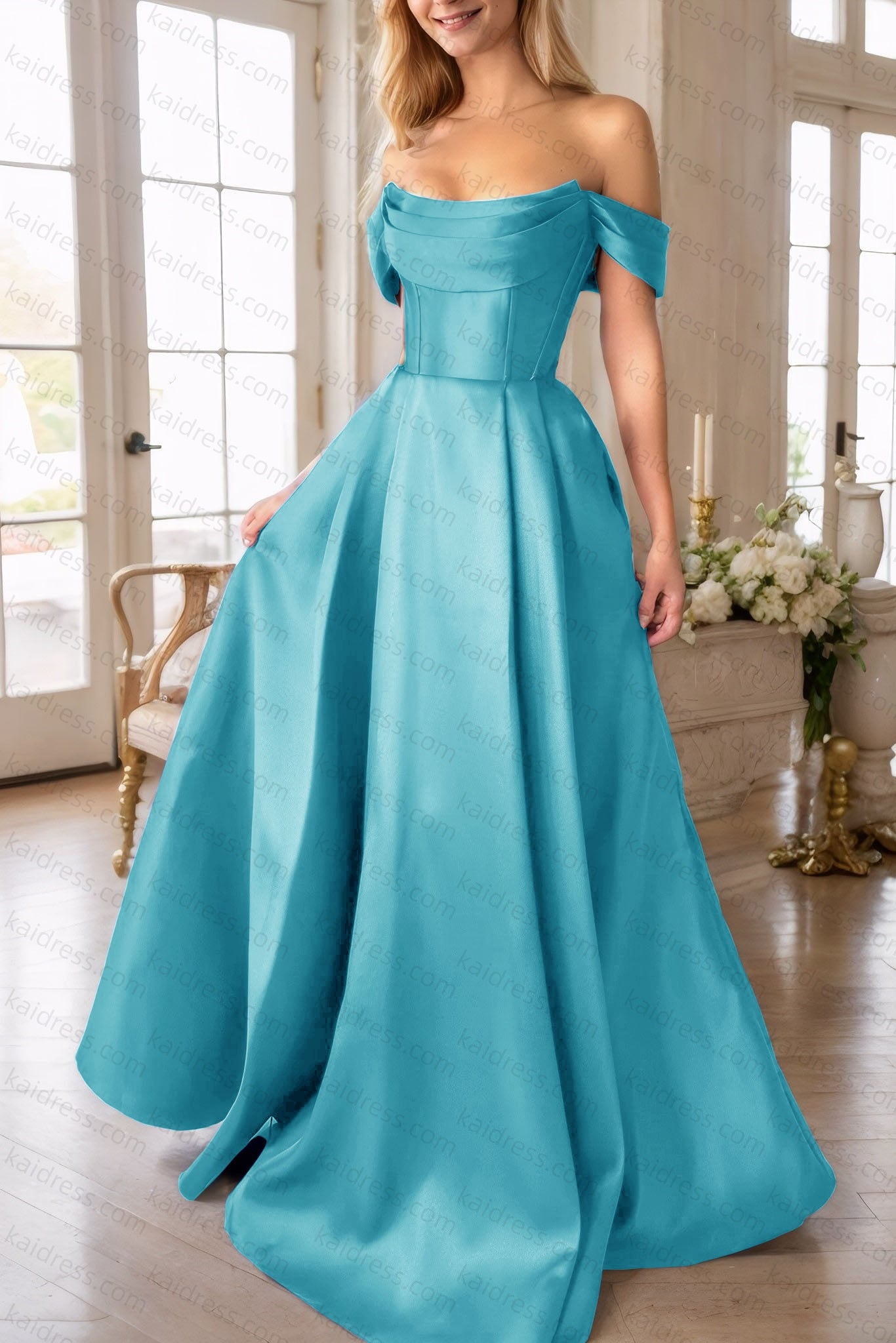 A-Line Satin Long Prom Dress, Simple Off the Shoulder Evening Party Dress With Pockets