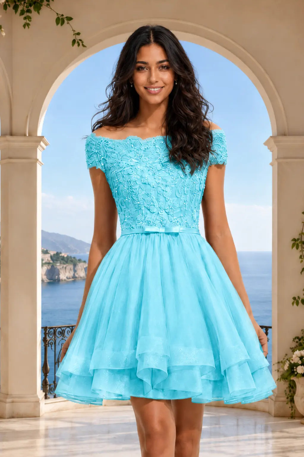 Burgundy Lace Off Shoulder A Line Short Homecoming Dress KAIDRESS