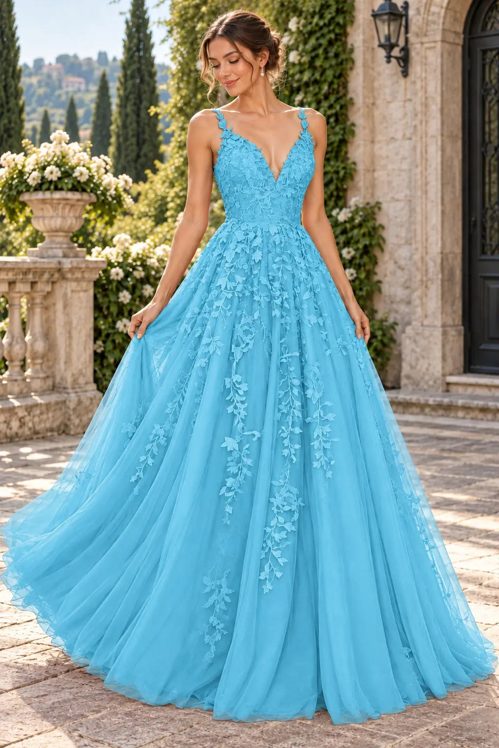 A-Line Lace Prom Dresses Long V Neck Sleeveless Formal Maxi Dress