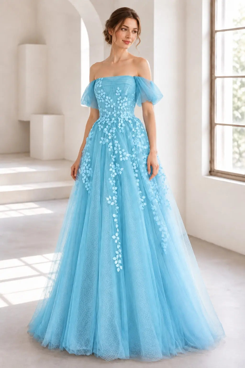 A-Line Tulle Lace Long Prom Dress Off the Shoulder Formal Evening Dress