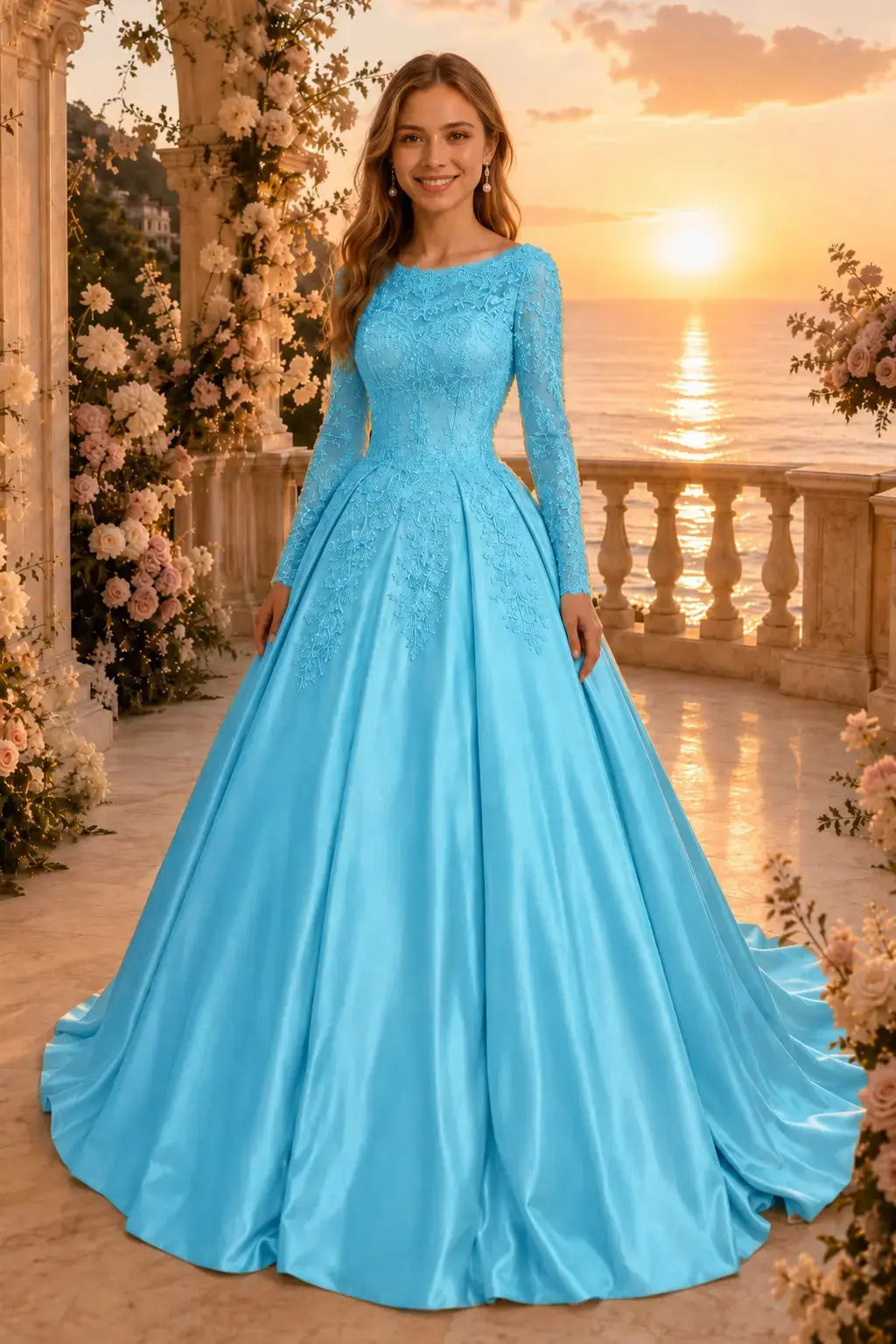 Ball Gown Long Sleeves Off-the-Shoulder Chapel Train Applique Satin Prom Dresses Kaidress