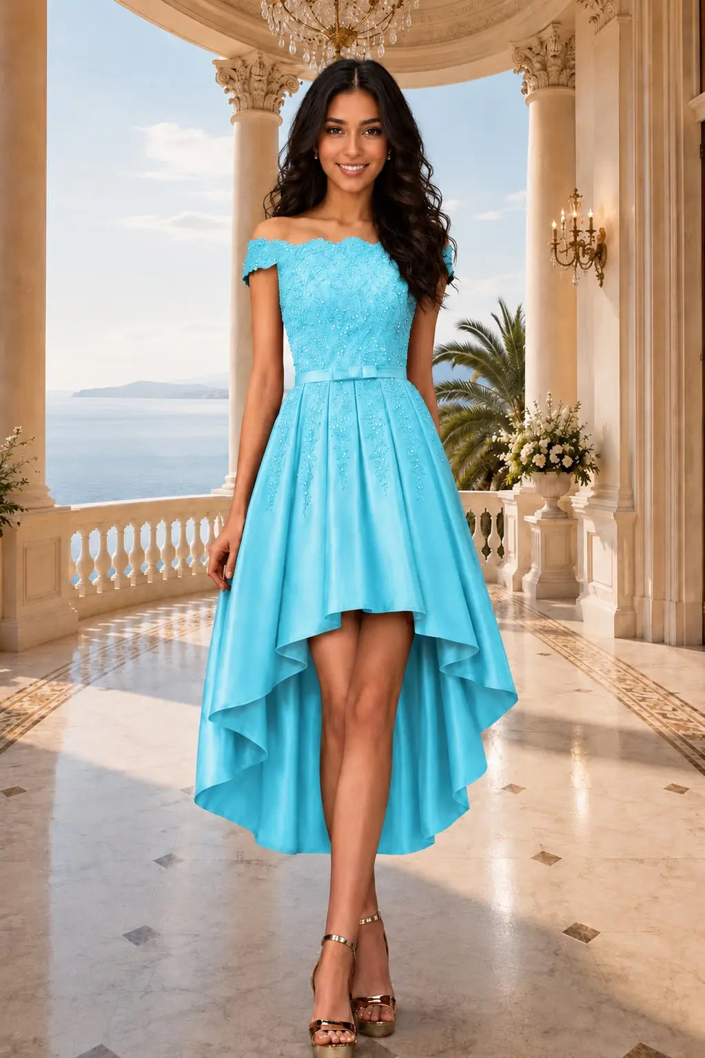 A-line Burgundy Satin Off the Shoulder A Line Strapless Lace Tulle Asymmetrical Dress With Pockets KAIDRESS
