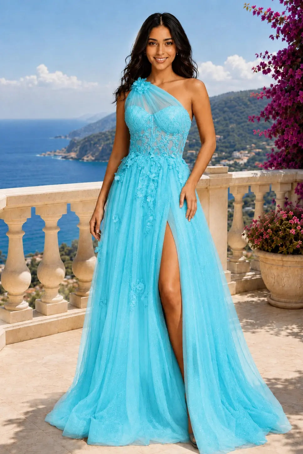 A-line One-Shoulder Sleeveless Long/Floor-Length Tulle Prom Dresses with Appliqued Split KAIDRESS