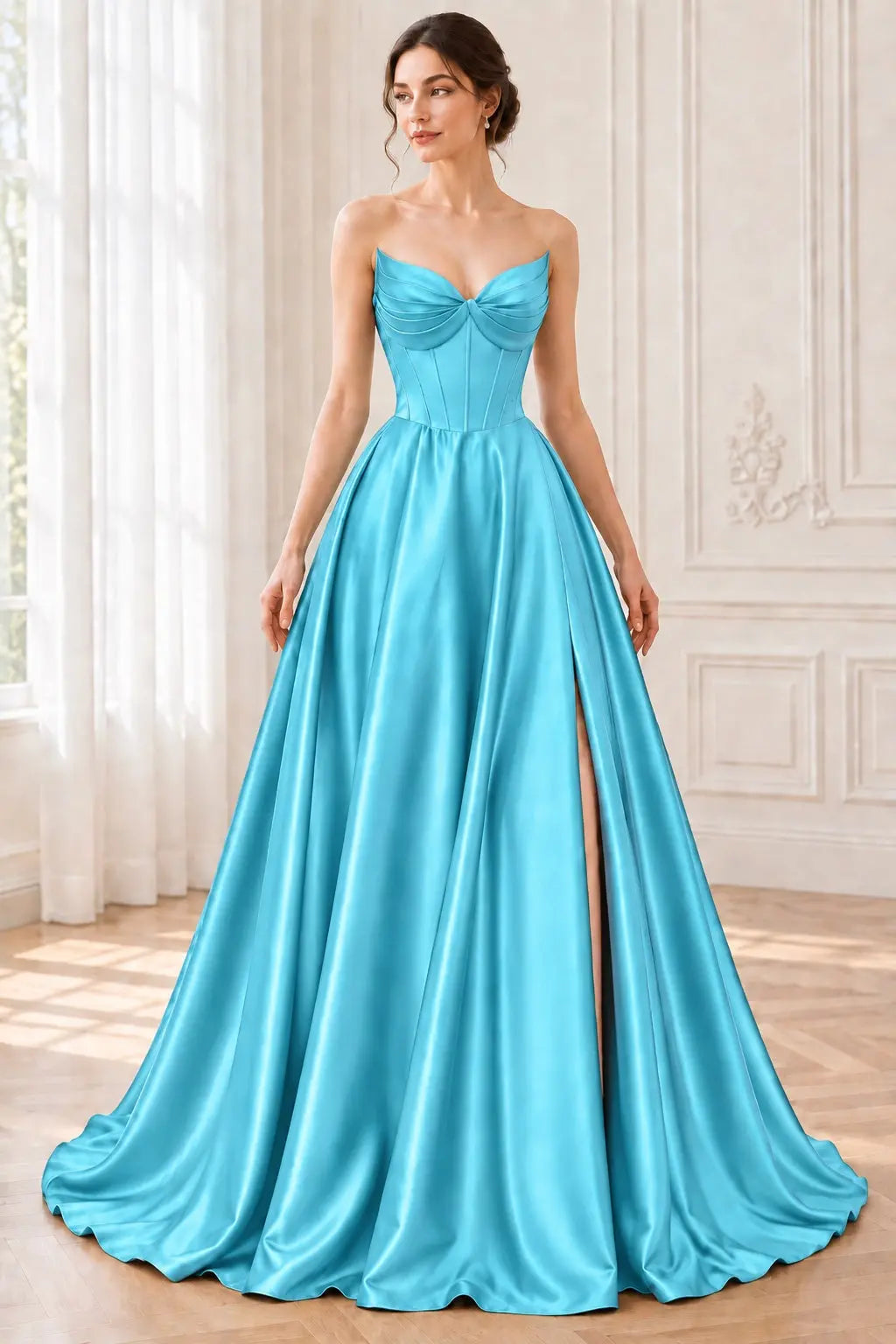 A-line Satin Formal Long Simple Sleeveless Prom Dresses with Pockets