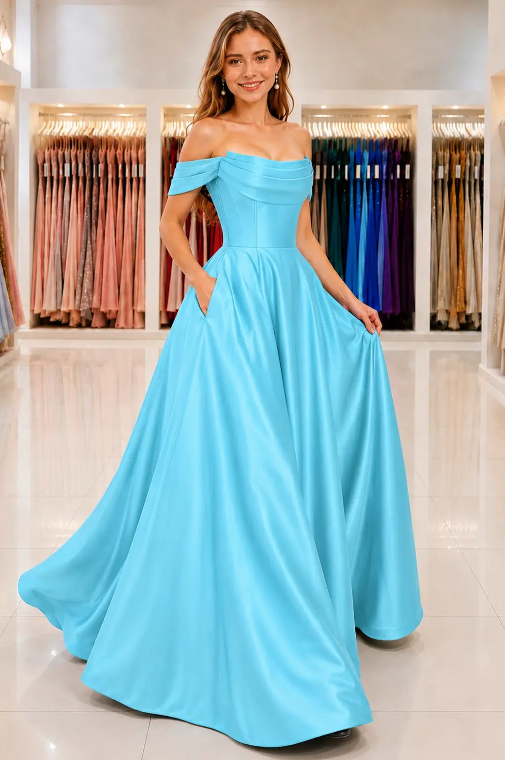 A-Line Satin Long Prom Dress, Simple Off the Shoulder Evening Party Dress With Pockets KAIDRESS