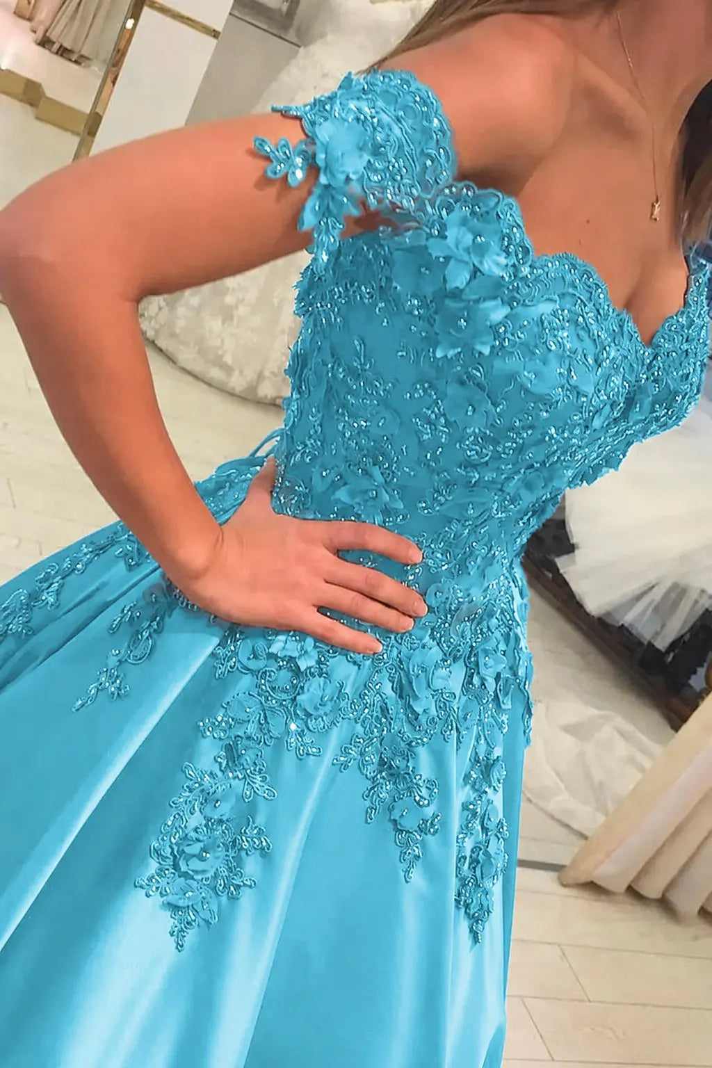 Appliqued Off-The-Shoulder Satin Princess Prom Dress With Beads