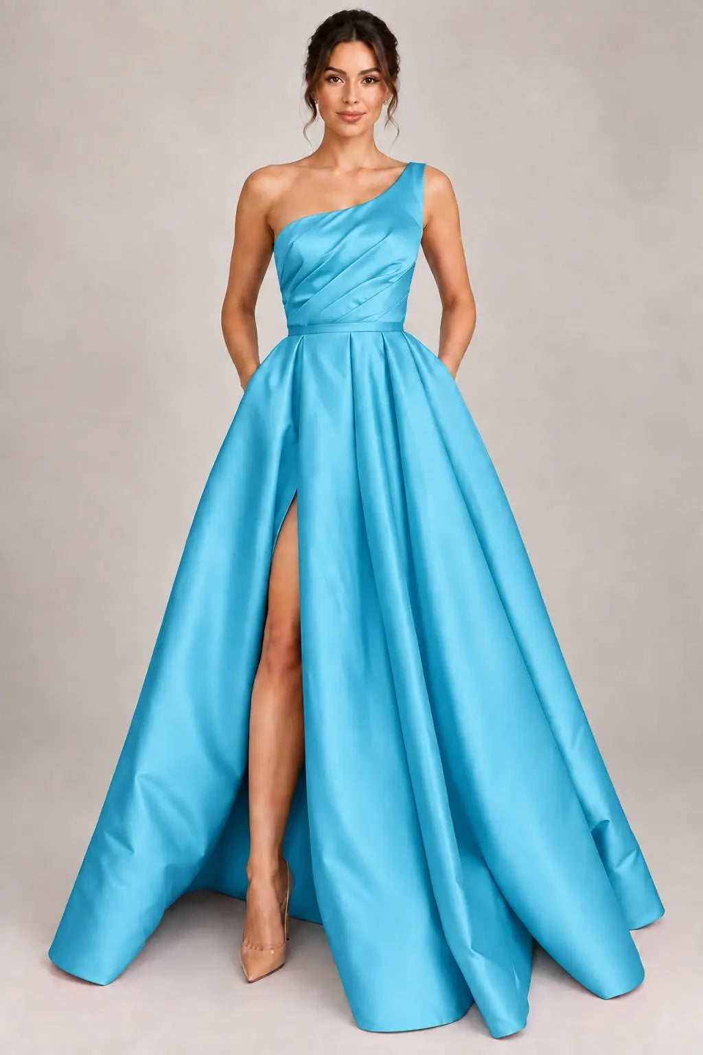 A-line Sleeveless One-Shoulder Long/Floor-Length Satin Prom Dress With Split Ruffles Pockets