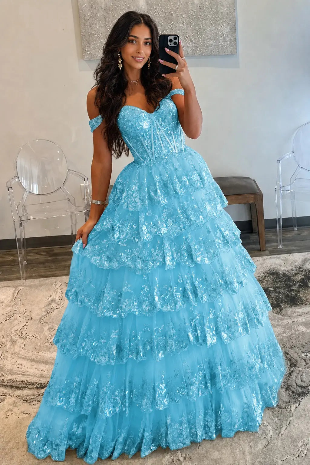 A-Line/Princess Princess Off the Shoulder Sequined Lace Prom Dress KAIDRESS