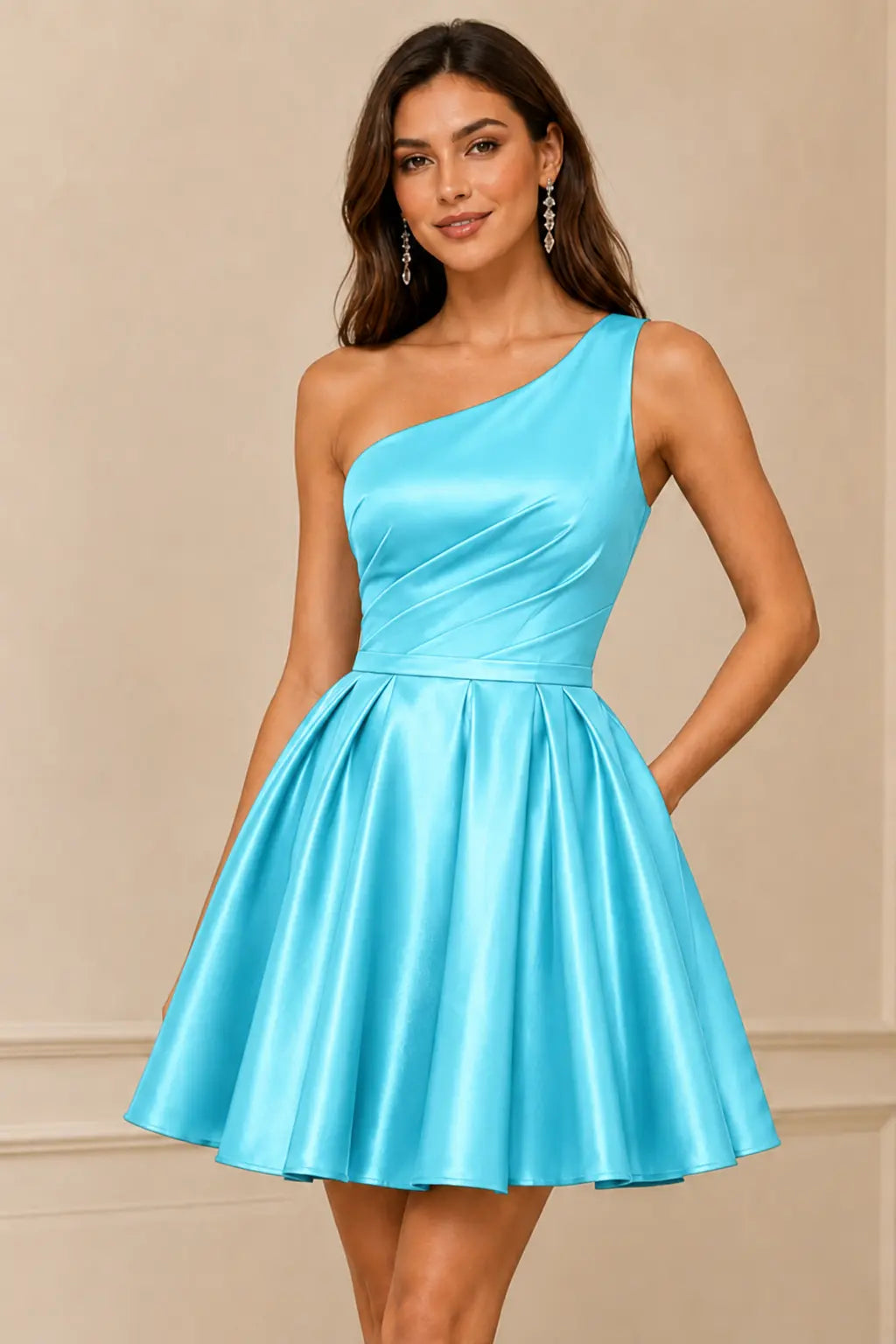 Green One Shoulder Satin Mini A Line Homecoming Dress With Pockets KAIDRESS