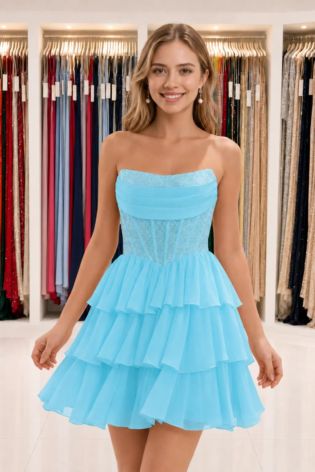 Daffodil Strapless Corset Tiered Ruffle Mini Homecoming Dress With Beading KAIDRESS