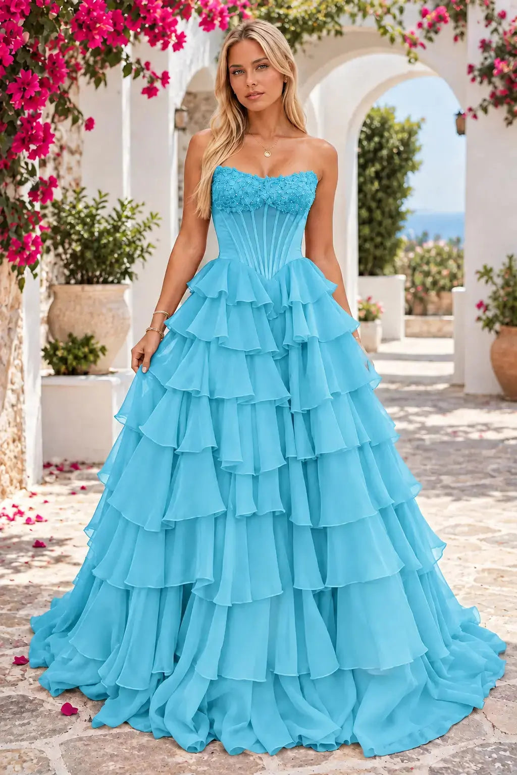 A-line Strapless Lilac Satin Chiffon Layered Long Prom Dress KAIDRESS