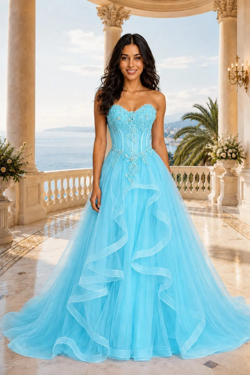 A-line/Princess Sweetheart Sleeveless Sweep Train Tulle Prom Dresses With Beading Appliqued KAIDRESS