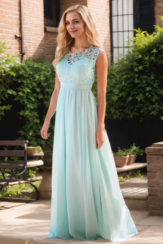 Lace Long/Floor-Length A-Line/Princess Sleeveless Bateau Zipper Prom Dresses With Appliqued