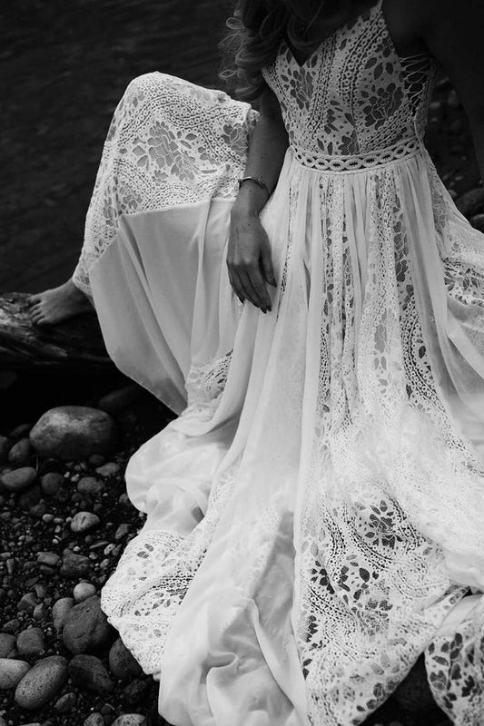 Princess Halter Lace Vintage Boho Wedding Dresses Luxury Bride Robe