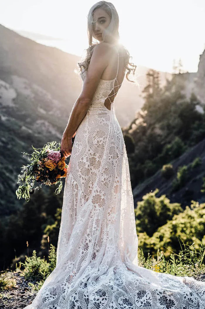 Princess Halter Lace Vintage Boho Wedding Dresses Luxury Bride Robe