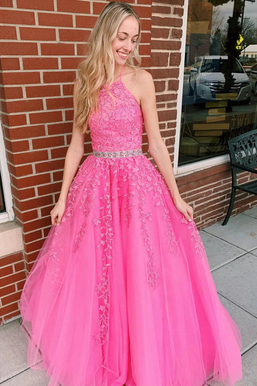 Princess Lace Fuchsia Formal Prom Dresses Backless Long Evening Gowns