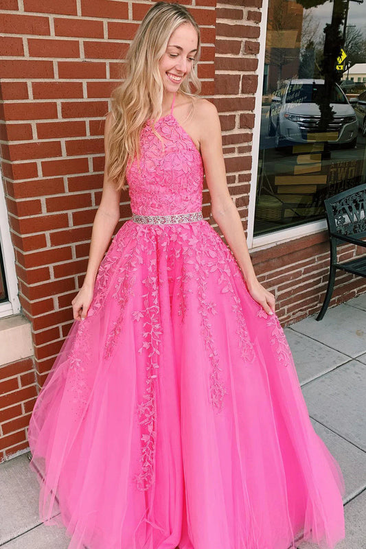 Princess Lace Fuchsia Formal Prom Dresses Backless Long Evening Gowns