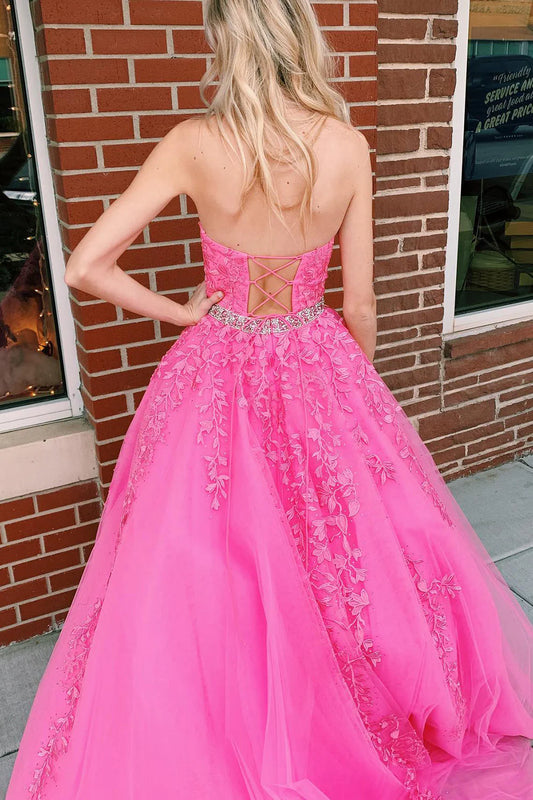 Princess Lace Fuchsia Formal Prom Dresses Backless Long Evening Gowns