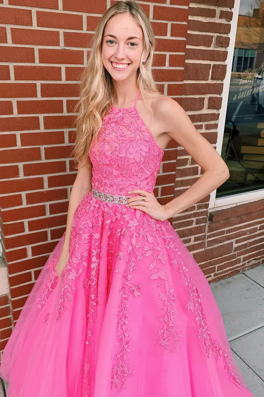 Princess Lace Fuchsia Formal Prom Dresses Backless Long Evening Gowns