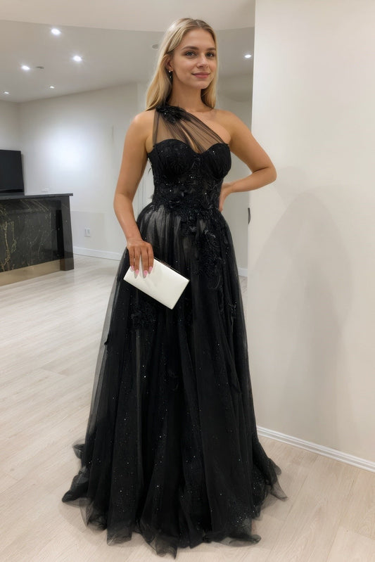 Princess One Shoulder Tulle Lace Black Long Prom Dresses Formal Gowns
