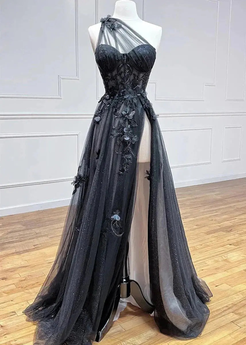 Princess One Shoulder Tulle Lace Black Long Prom Dresses Formal Gowns