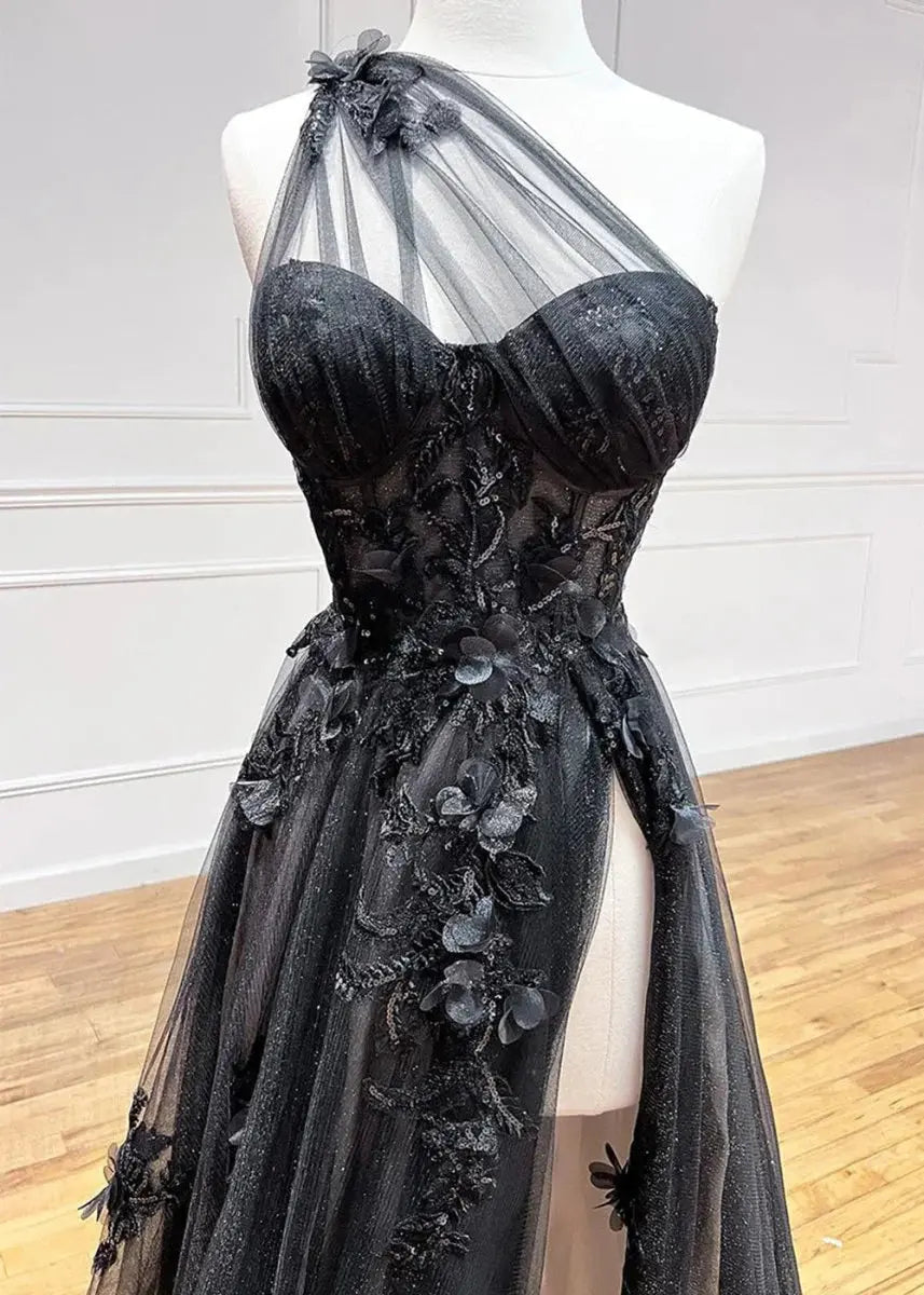 Princess One Shoulder Tulle Lace Black Long Prom Dresses Formal Gowns